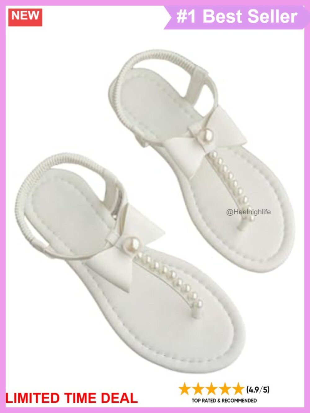 Pearl Beaded Bowknot Flat Sandals Open Toe Ankle Strap Women's